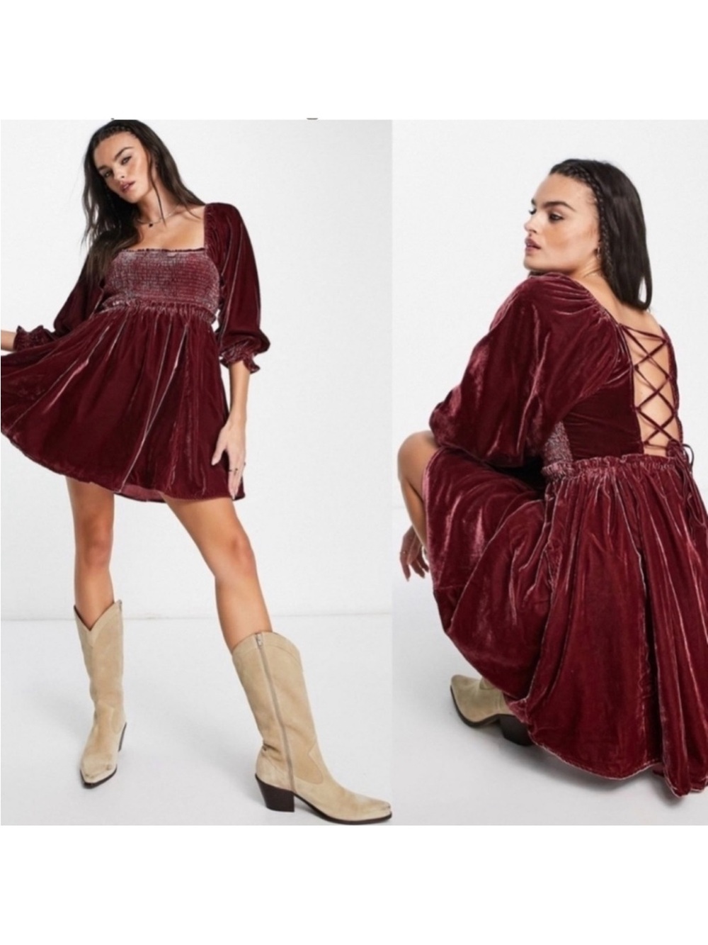Free People Burgundy Daphne Velvet Smocked Lace-Up Back Mini Dress Small fits